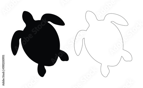 ウミガメのシルエット、シンプルでモダンな黒と白のベクターアイコンセット。海洋生物、水生動物、海の生き物を表現するデザイン素材、ロゴやイラストに最適。