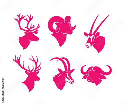 野生動物の頭部シルエット、雄鹿、羊、オリックス、カモシカ、バッファローを含むベクターアイコンセット。狩猟、自然、アウトドアデザインに最適な、力強く洗練された動物のエンブレム。