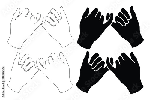 指切りげんまん、友情と約束を象徴する手と指のジェスチャー、信頼と絆を表現するミニマルな白黒ベクターイラストセット、人間関係や誓いのコンセプトデザインに最適