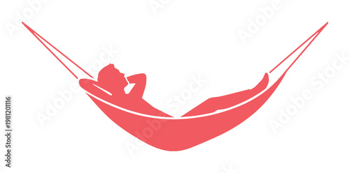 リラックスしたハンモックでくつろぐ人物のシンプルな赤色ベクターアイコン、休暇や休息、夏のレジャーを表現するミニマルなイラスト素材、ウェブサイトやアプリデザインに最適
