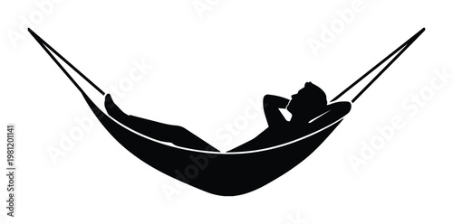 ハンモックでくつろぐ人物のシルエットイラスト、リラックスした休暇や自由な時間を表現するシンプルなベクターアイコン、休息と安らぎのイメージ。