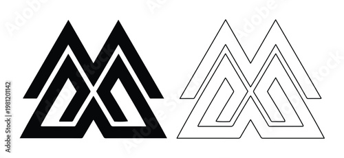幾何学的なM字ロゴデザイン、抽象的なミニマルなシンボルマーク、モダンな企業ブランディング用ベクターイラストセット、ウェブサイトやアプリのアイコンに最適