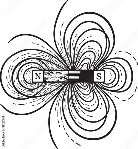Magnetic field lines around a bar magnet with north and south poles hand drawing illustration vector