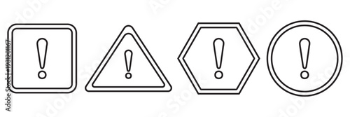 Exclamation outline icon set vector, warning symbols in square, triangle, hexagon and circle shapes, minimal line icons collection for alerts, notifications and UI interface design. High voltage hazar