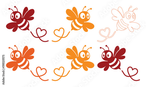 愛らしいミツバチのベクターイラストセット、ハートの軌跡を描くキュートなハチのキャラクター、バレンタインや愛情を表現するデザイン素材、6匹のハチのアイコンコレクション