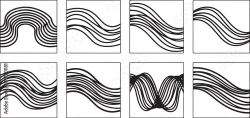 Abstract black and white patterns with concentric and radial designs Vector