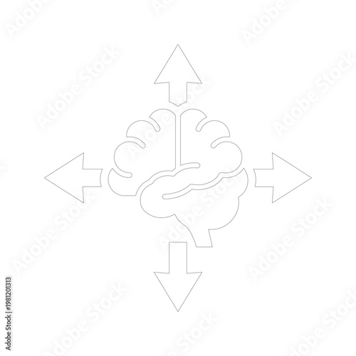 脳の思考と方向性を示すシンプルなベクターアイコン、創造性、アイデア、意思決定の概念を表現するミニマルなデザイン、ビジネス戦略や問題解決に役立つグラフィックリソース