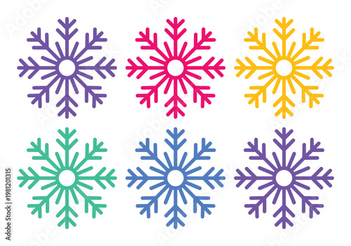 カラフルな雪の結晶ベクターセット、冬のホリデーシーズンを彩る多様なデザインエレメント、クリスマスや寒冷地のテーマに最適なグラフィック素材