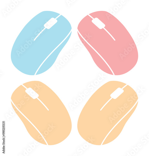 カラフルなワイヤレスマウスのベクターイラストセット、水色、ピンク、ベージュ、オレンジ色のPC周辺機器、シンプルで可愛らしいデザインのコンピューターマウスアイコン、テクノロジーとデジタルライフスタイルを象徴するグラフィック素材