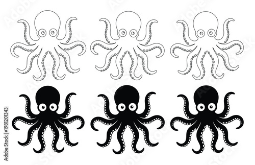 タコ、海の生き物、海洋生物のシンプルでモダンなモノクロベクターイラストセット。水族館、海のテーマ、子供向けデザインに最適なタコのアイコンコレクション。