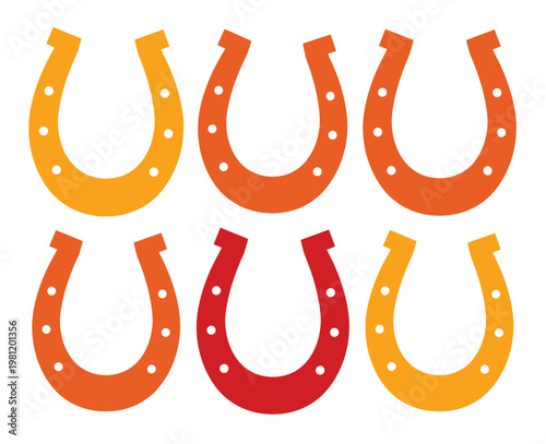 幸運のシンボル、馬蹄のカラフルなベクターイラストセット。オレンジ、赤、黄色のグラデーションが美しい、お守りや装飾に最適な6つの蹄鉄コレクション。