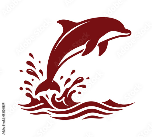 躍動感あふれるイルカのジャンプ、水しぶきと波を伴う力強いシルエット、海の生物の美しさを表現したベクターイラスト素材、水族館や海洋テーマのデザインに最適