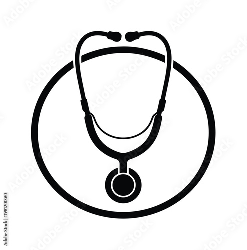 医療と健康のシンボル、聴診器のモノクロベクターイラスト。病院、クリニック、医師、看護師の専門的な医療現場を表現するシンプルなアイコンデザイン。