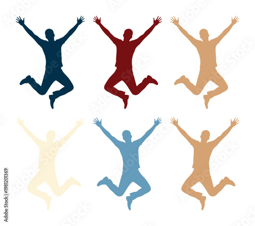 喜びと自由を表現する、躍動感あふれるジャンプする男性のシルエット6点セット。成功、幸福、達成感を象徴するベクターイラスト素材。