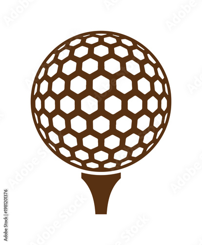 ブラウンのゴルフボールとティー、ハニカムパターンが特徴のモダンなスポーツアイコン。ゴルフ大会やイベント、ウェブサイトのロゴデザインに最適なベクターイラスト。