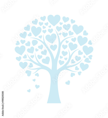 愛と優しさを象徴するハート型の葉を持つ木、淡い水色のロマンチックなベクターイラスト、結婚式やバレンタインデーのデザインに最適なシンボル