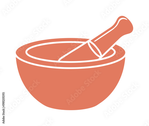 薬草やスパイスをすり潰すための伝統的な乳鉢と乳棒のシンプルなベクターイラスト。料理、薬学、アロマセラピーのアイコンデザインに最適な、素朴で温かみのあるオレンジ色のグラフィック素材。