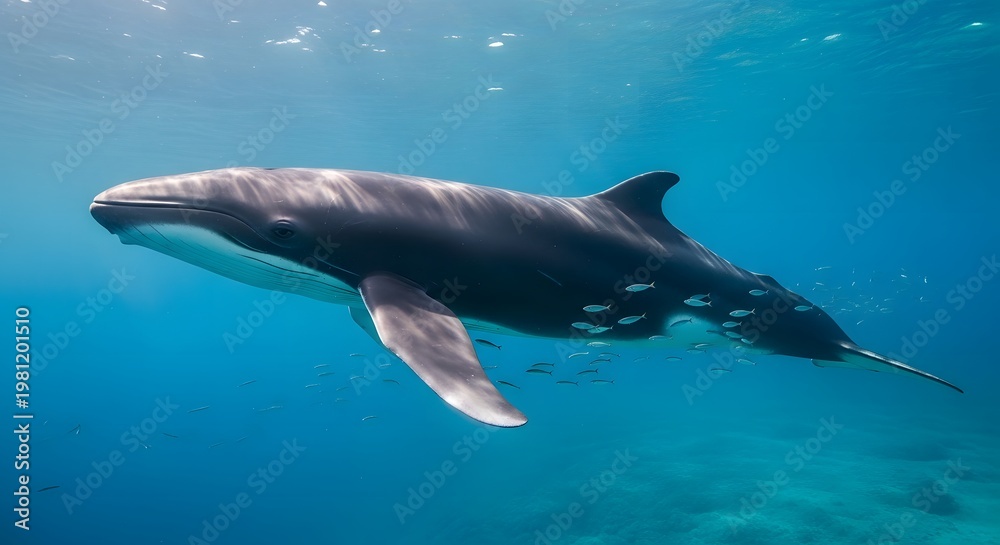 Fototapeta premium A lone Cuvier's beaked whale glides through clear blue ocean water with small fish swimming nearby
