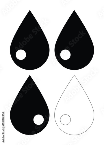 水滴アイコンセット、黒と白のシンプルな液体のしずくベクターイラスト、水やインクの抽象的なシンボル、ウェブサイトやアプリデザインに最適なミニマルなグラフィック素材