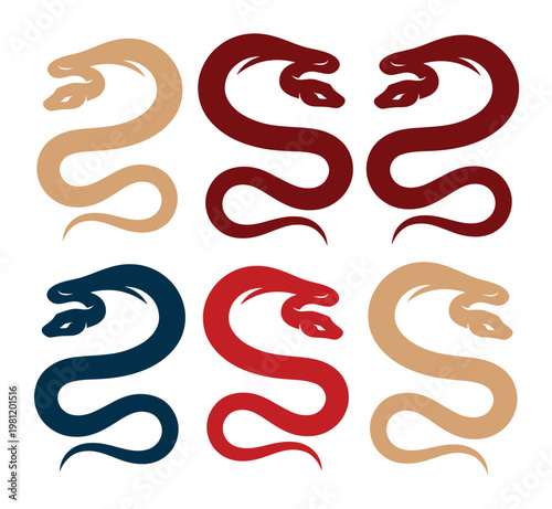 力強い蛇のベクターイラストセット、絡み合う2匹の蛇がシンボル、エンブレム、タトゥーデザインに最適。赤、青、ベージュのカラーバリエーション。
