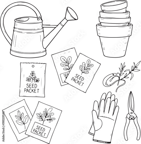 Gardening tools and planting set with watering can, flower pots, seed packets and gloves line art.