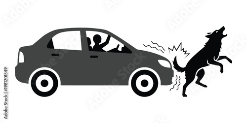 Isolated monochrome pictogram of car hitting dog indicating slow down, warning for pets crossing road, and animal safety awareness symbol