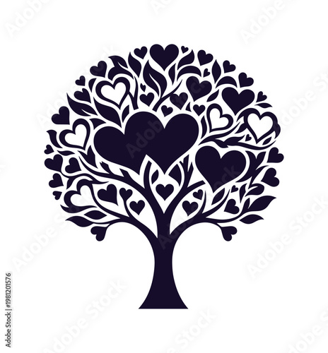 愛と生命の象徴、ハートの葉で満たされた生命の木ベクトルイラスト。結婚式、バレンタインデー、記念日、愛のテーマに最適なロマンチックなデザイン素材。