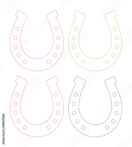 幸運のシンボル、馬蹄のカラフルなアウトラインベクターセット。成功と保護を願うお守りのイラスト素材、ウェブデザインやグラフィックプロジェクトに最適。
