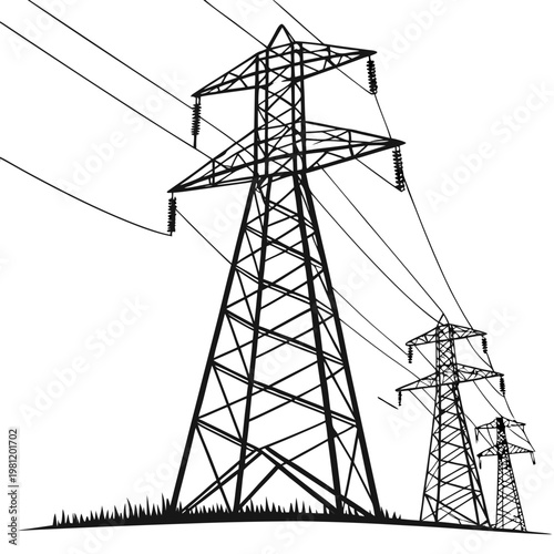 A stark black and white illustration depicts towering electrical transmission pylons stretching across a grassy landscape symbolizing power distribution high quality professional