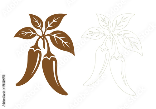 唐辛子と葉のシンプルなベクターイラスト、料理やスパイス、辛さを表現するデザイン素材、茶色と白のアウトラインで描かれたチリペッパーのアイコンセット