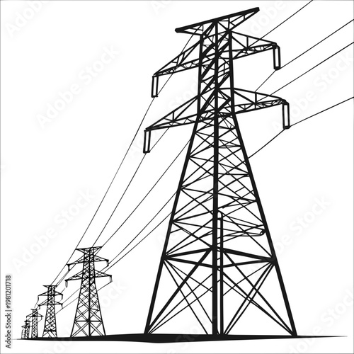 Quadro su tela A series of high voltage electricity pylons stretch across a white background di