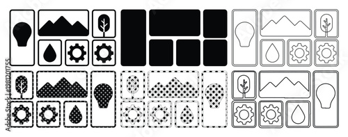 ミニマルな白黒アイコンセット、環境、自然、テクノロジー、ビジネスを表現するシンプルなベクターイラストコレクション、ウェブサイトやアプリデザインに最適な汎用グラフィック素材