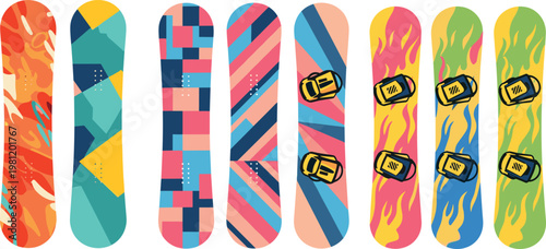Colorful Snowboard Set with Geometric, Abstract, and Flames Designs for Winter Sports and Adventure Branding