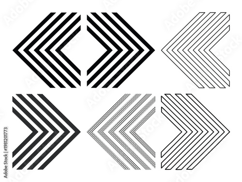 幾何学的なシェブロン矢印のベクターセット、モダンでミニマルなデザイン要素、方向性を示す抽象的なラインアート、ウェブサイトやプレゼンテーションに最適なグラフィック素材