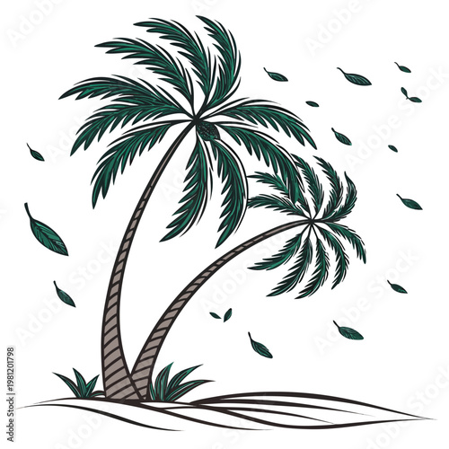 A vibrant illustration depicts two palm trees with gracefully curving trunks and lush detailed fronds surrounded by falling leaves high quality professional
