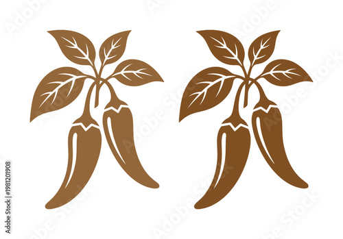 手描き風の素朴な唐辛子イラスト素材、茶色のチリペッパーと葉っぱのベクターアイコンセット、エスニック料理や辛い食べ物のデザインに