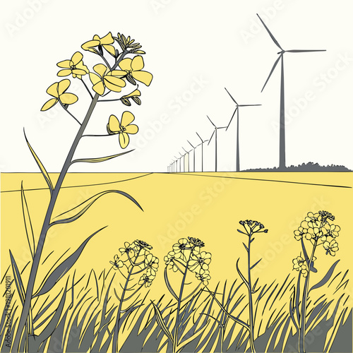 A stylized illustration depicts a vibrant yellow rapeseed field in bloom juxtaposed with a distant wind farm under a pale sky