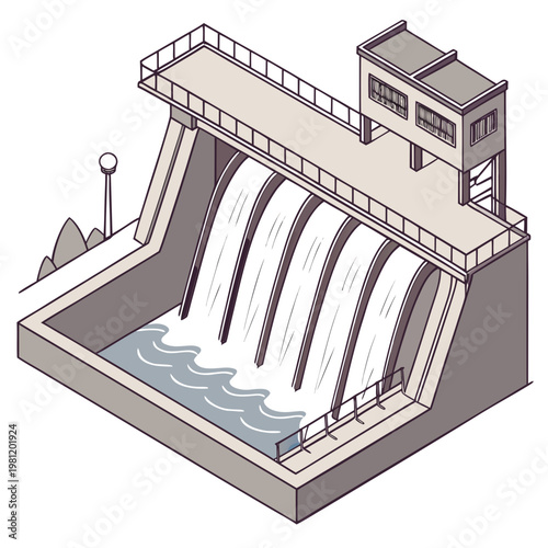 An isometric illustration depicts a concrete hydroelectric dam releasing a powerful cascade of water showcasing engineering and energy production high quality professional