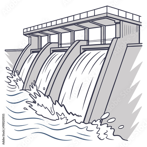 A detailed line drawing depicts a hydroelectric dam with three gates open releasing substantial water flow into a river high quality professional