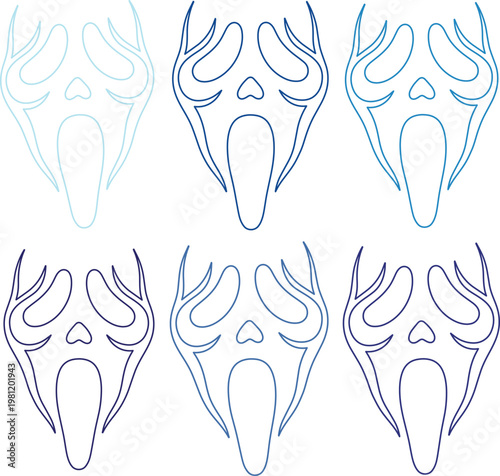 ホラー映画の象徴的な叫びのマスク、青と白のグラデーションで描かれた不気味な顔のイラスト、ハロウィンや恐怖をテーマにしたデザインに最適なベクター素材6点セット