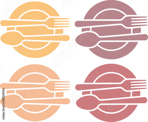 食事と飲食のシンプルなベクターアイコンセット、レストランやカフェのロゴに最適な食器とカトラリーのイラスト、メニューやウェブサイトデザインに使えるモダンな食卓のシンボル