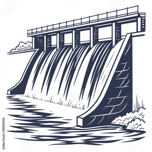 An illustrative black and white depiction showcases a concrete dam with flowing water cascading over its spillways and surrounding vegetation high quality