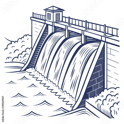 An illustrative depiction showcases a concrete dam structure with cascading water flowing over its spillway set against a watery landscape high quality
