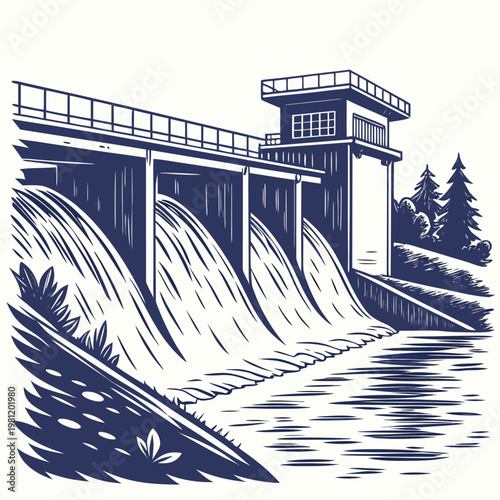 A detailed blue toned woodcut illustration depicts a hydroelectric dam showing water flowing through spillways and surrounding evergreen trees high quality professional