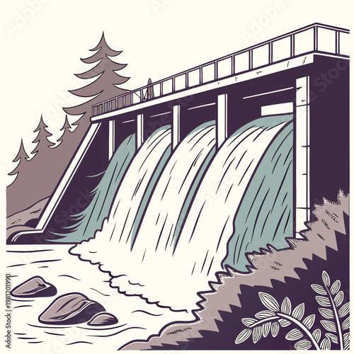 An illustrative depiction showcases a concrete dam with rushing water cascading through its gates surrounded by sparse greenery high quality professional detailed