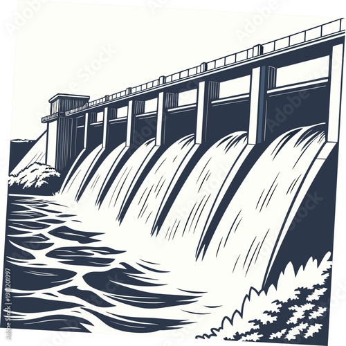A striking woodcut style illustration depicts a large concrete dam with flowing water cascading over its spillways set against a dark background