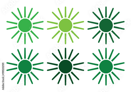 エコフレンドリーな太陽のアイコンセット、様々な緑の濃淡で表現された環境に優しいエネルギーと再生可能資源のシンボル、クリーンエネルギー関連プロジェクトに最適なベクター素材