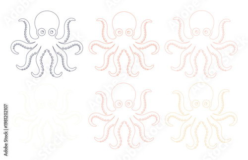 タコの線画イラストセット、海の生き物のミニマルなアウトラインアイコン、水生生物のベクターコレクション、海洋生物学や水族館デザインに最適な6種類のタコ