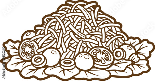 Shredded cheese pile with fresh tomatoes and olives on lettuce leaves for salad concepts.