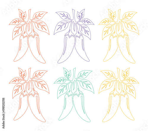 カラフルな唐辛子の線画イラストセット、多様な色合いのチリペッパーベクターコレクション、料理やデザインに使えるスパイスのアイコン素材